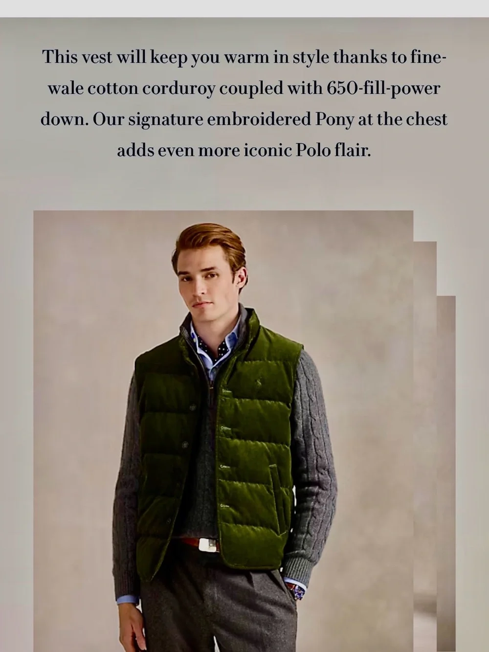 Polo by Ralph Lauren Duck Down Green Wynton Corduroy Quilted Vest
